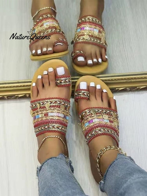 Women’s Set - Toe Bohemian Ethnic Slippers Red / 36