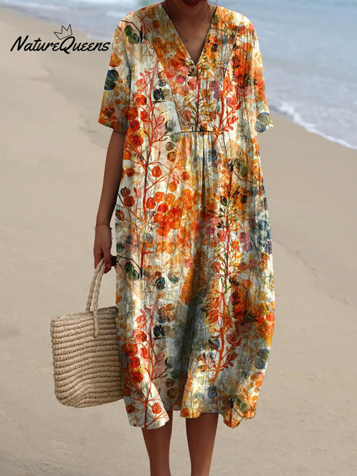 Women's Orange Botanical Print Pocket Linen Dress（Convertible Dress With Front And Back Option）