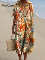 Women's Orange Botanical Print Pocket Linen Dress（Convertible Dress With Front And Back Option）