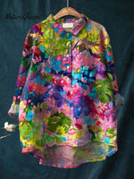 Women's Colorful Leaves Art Print Casual Cotton And Linen Shirt