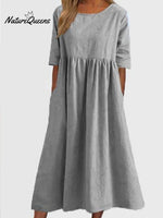 Cotton And Linen Casual Short Sleeve Pocket Pleated Loose Round Neck Dress Light Grey / S