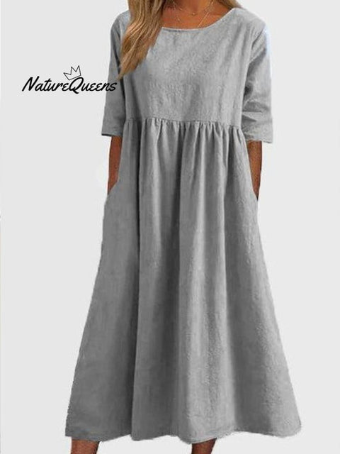 Cotton And Linen Casual Short Sleeve Pocket Pleated Loose Round Neck Dress Light Grey / S