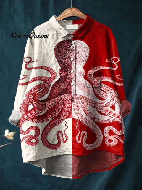 Women's  Octopus  Art Print Casual Cotton And Linen Shirt