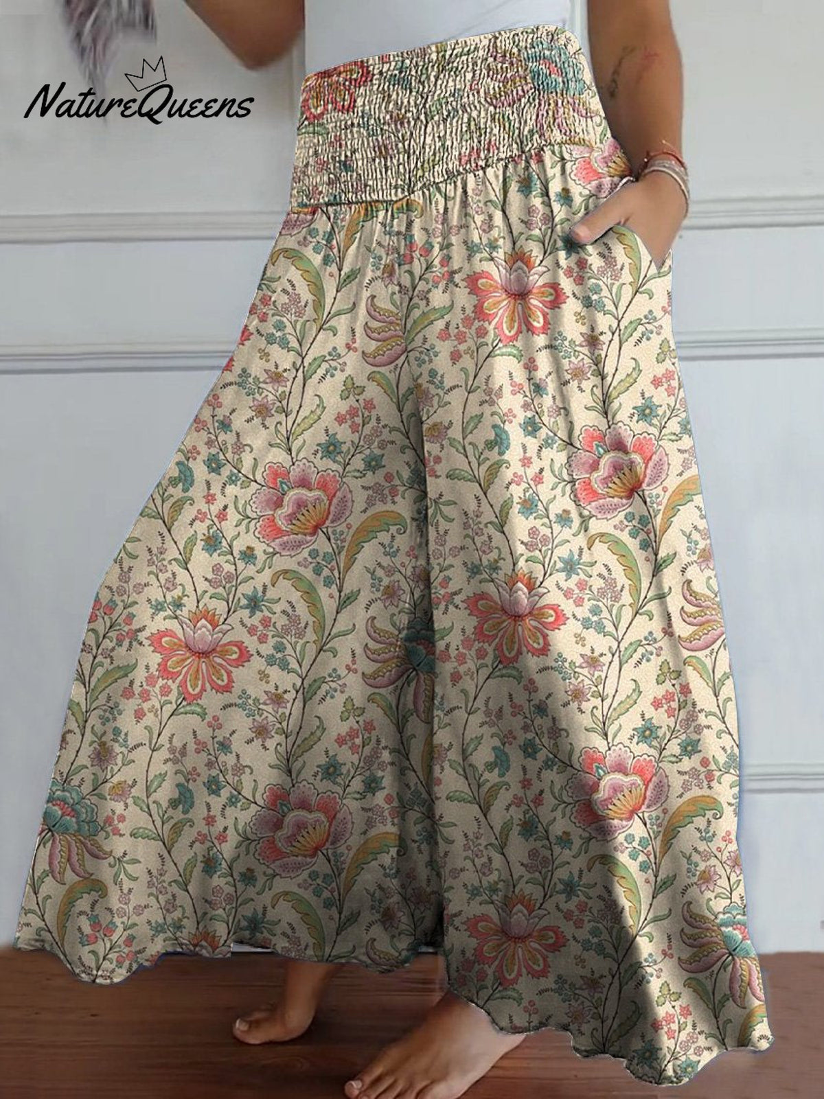 70s Style Vintage Floral Garden Printed Women's Cotton Wide Leg Pants