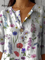 Spring Botanical Garden Pattern Printed Women's Casual Cotton Linen Shirt