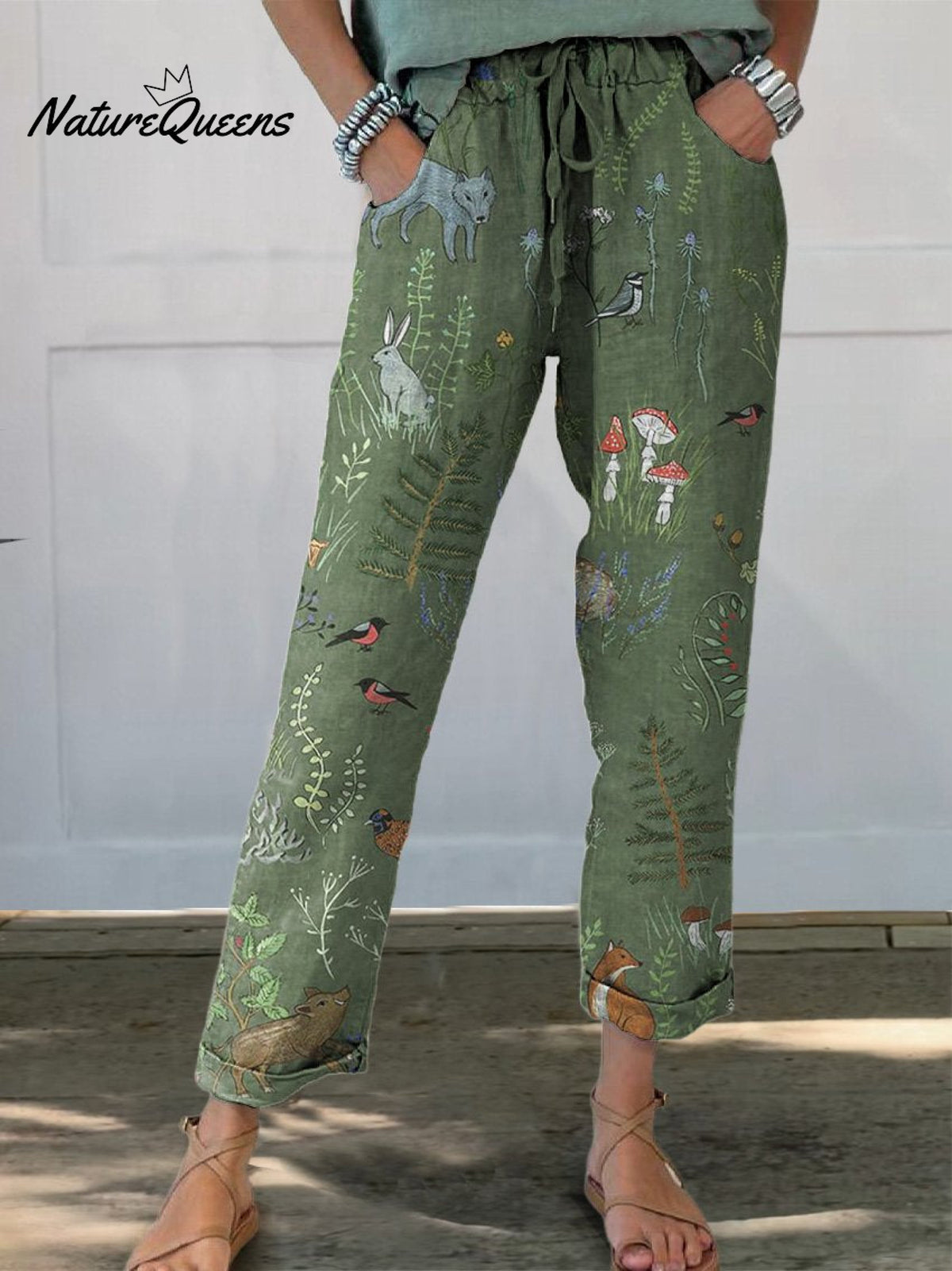Woodland And Animals Pattern Printed Women’s Cotton Linen Casual Pants Green / S