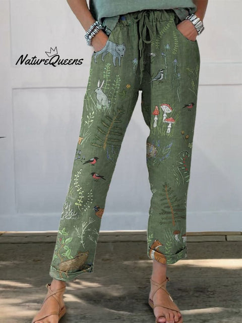 Woodland And Animals Pattern Printed Women’s Cotton Linen Casual Pants Green / S