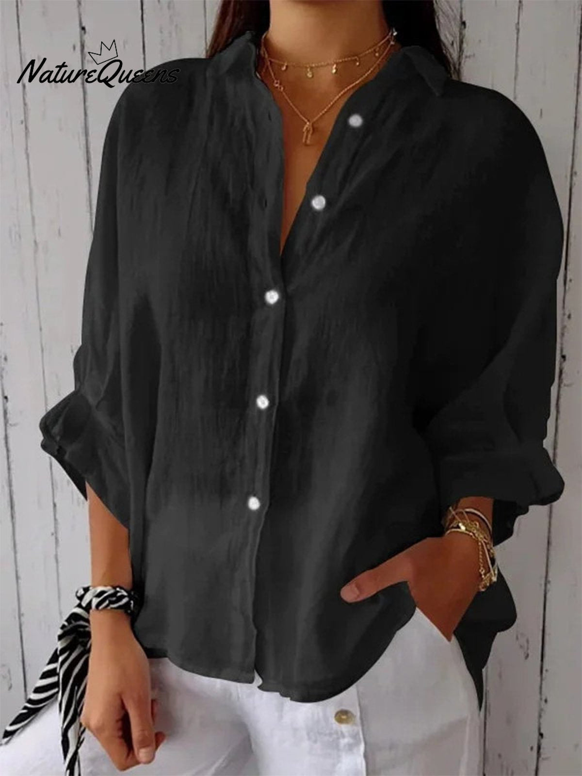 Women’s Cotton & Linen Casual Tie - Back Shirt Black / S