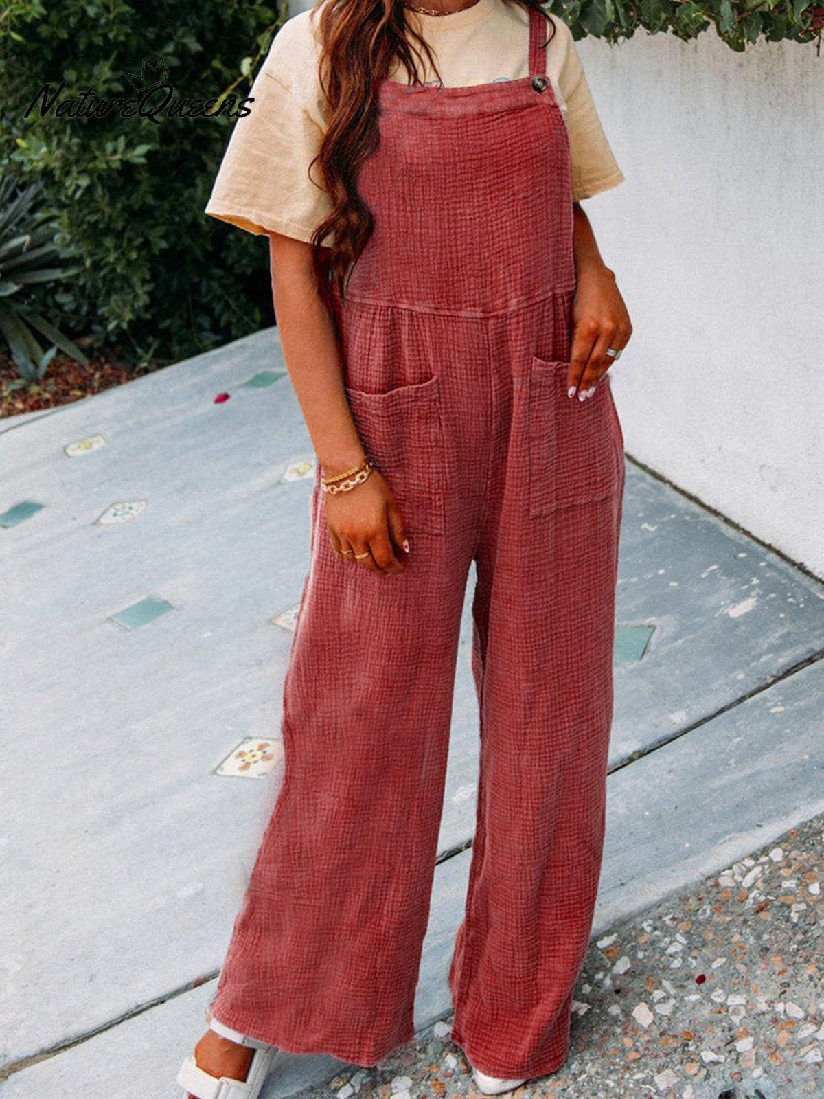 Women’s Casual Solid Colour Square Neck Jumpsuit With Pockets Red / S