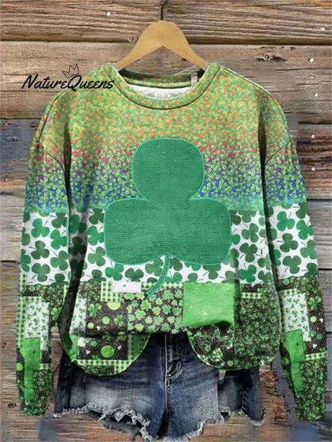 St. Patrick'S Day Retro  Gradient Lucky Clover Print Casual  Sweatshirt