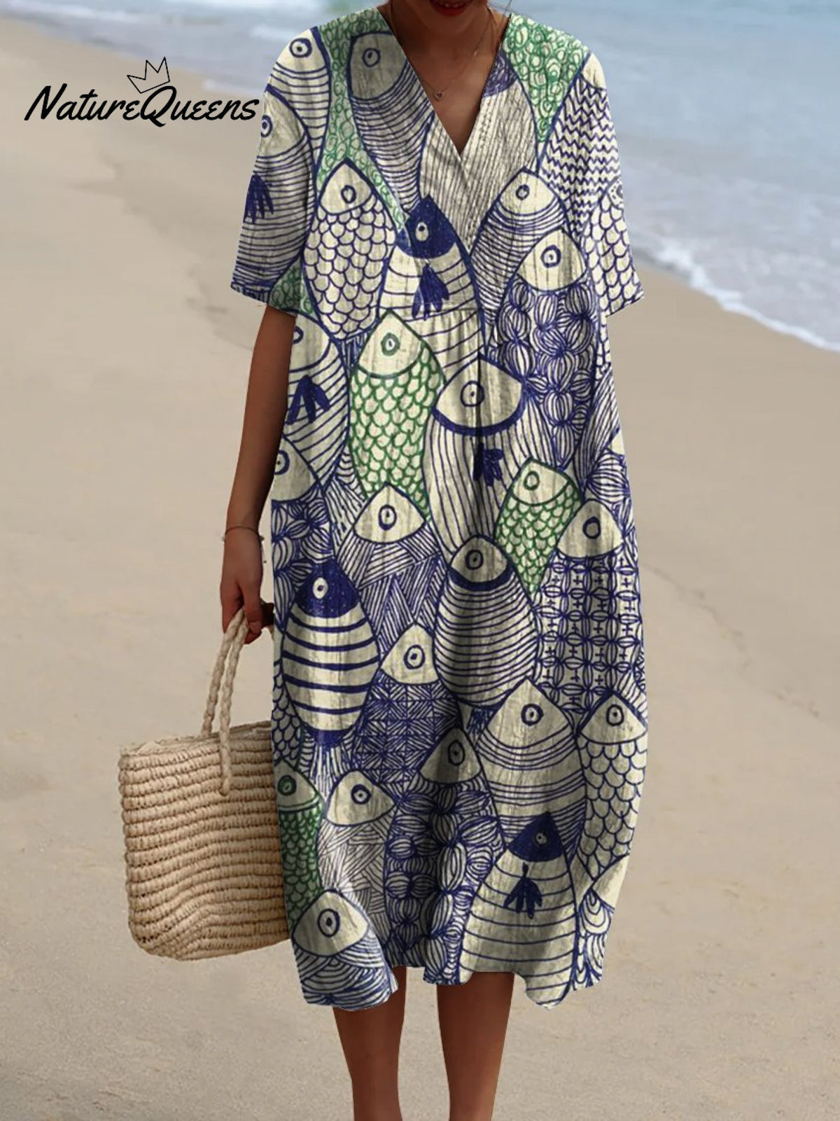 Women's Simple Japanese Fish Watercolor Splash Fluid Art Print Flowy Dress