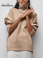Women's Solid Color Stylish Long-sleeved Loose turtleneck Warm Casual Knitted Sweater