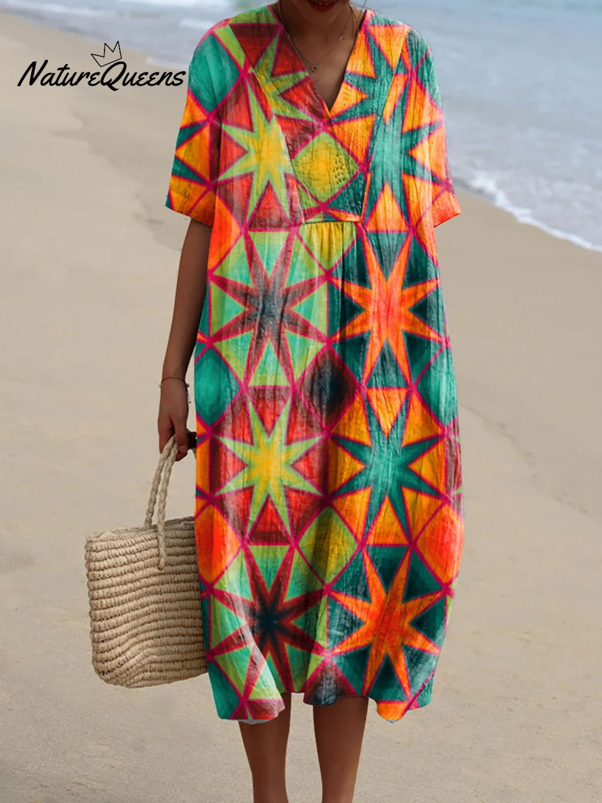 Women's Colorful Geometric Star Element Print Pocket Linen Dress