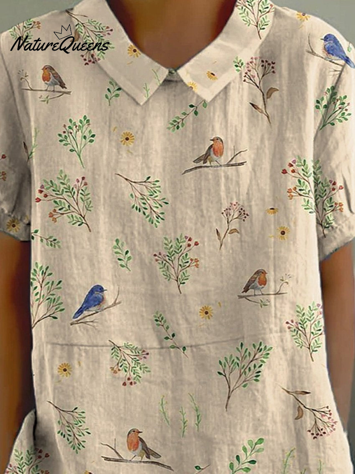 Boughs And Robin Birds Pattern Printed Women's Casual Cotton And Linen Shirt