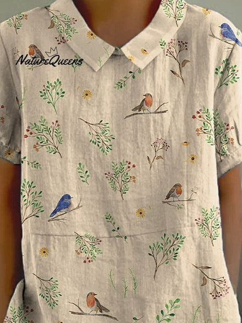 Boughs And Robin Birds Pattern Printed Women's Casual Cotton And Linen Shirt