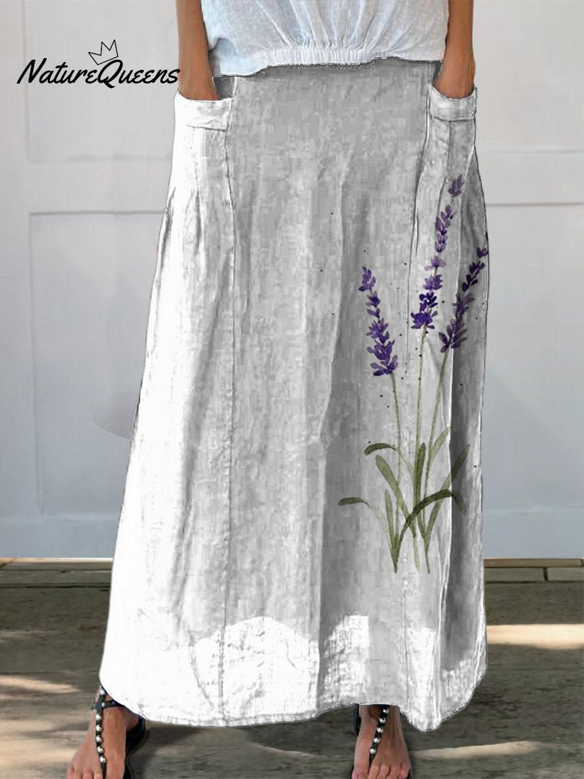 Watercolor Lavender Floral Printed Women’s Linen Elastic Waistband Pocket Skirt