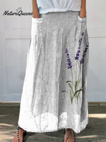 Watercolor Lavender Floral Printed Women’s Linen Elastic Waistband Pocket Skirt