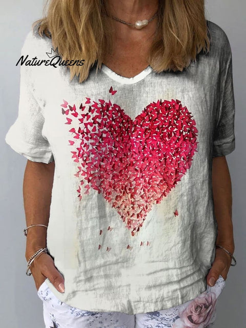 Women's Romantic Heart Art Print Casual Cotton And Linen Shirt