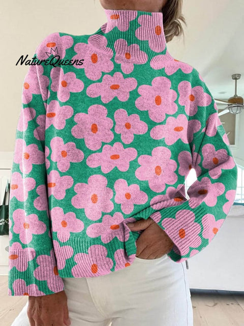 Women's Lovely Floral Art Print Knit Turtleneck Pullover Sweater