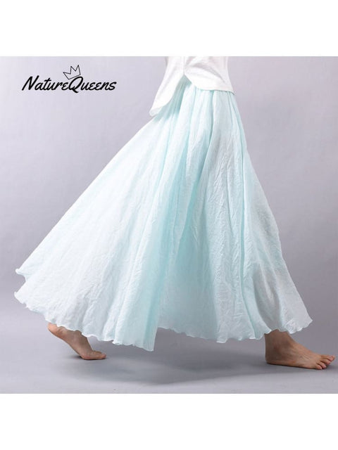 Women’s Cotton Linen Skirt Casual Elastic High Waist Pleated A-Line Beach Skirts Aqua Blue / S