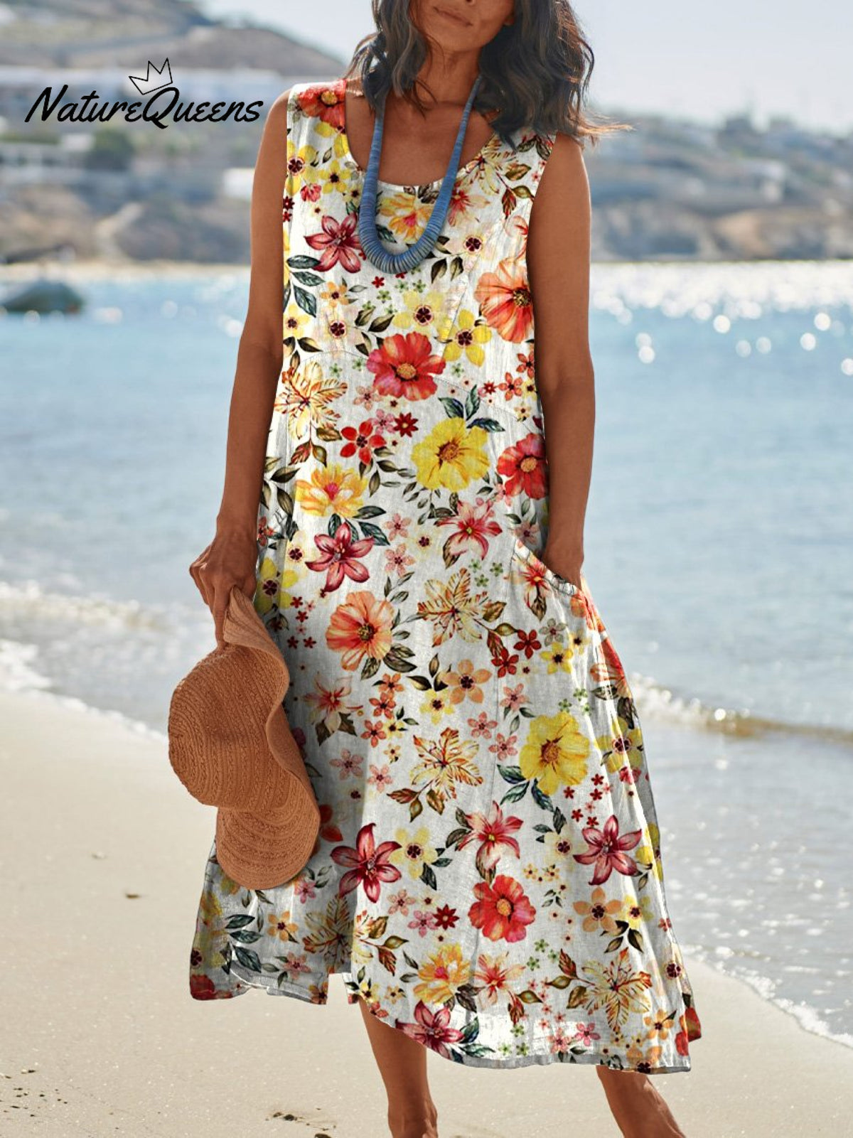 Assorted Tropical Floral Repeat Pattern Printed Women’s Pocket Pinafore Linen Dress Multicolor / S