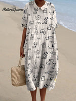 Women's Cute Dog Print V Neck Vintage Linen Loose Dress