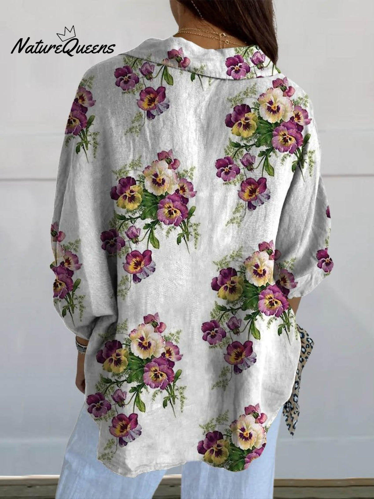 Women's Vintage Lovely Pansies Art Print Casual Linen V-neck Shirt