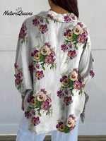Women's Vintage Lovely Pansies Art Print Casual Linen V-neck Shirt