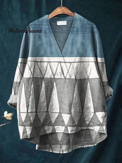 Women's Blue Color-block Pattern Print Casual Cotton And Linen V-neck Shirt