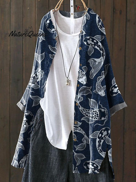 Japanese Style Koi Fish Pattern Printed Women's Loose Casual Top Jacket