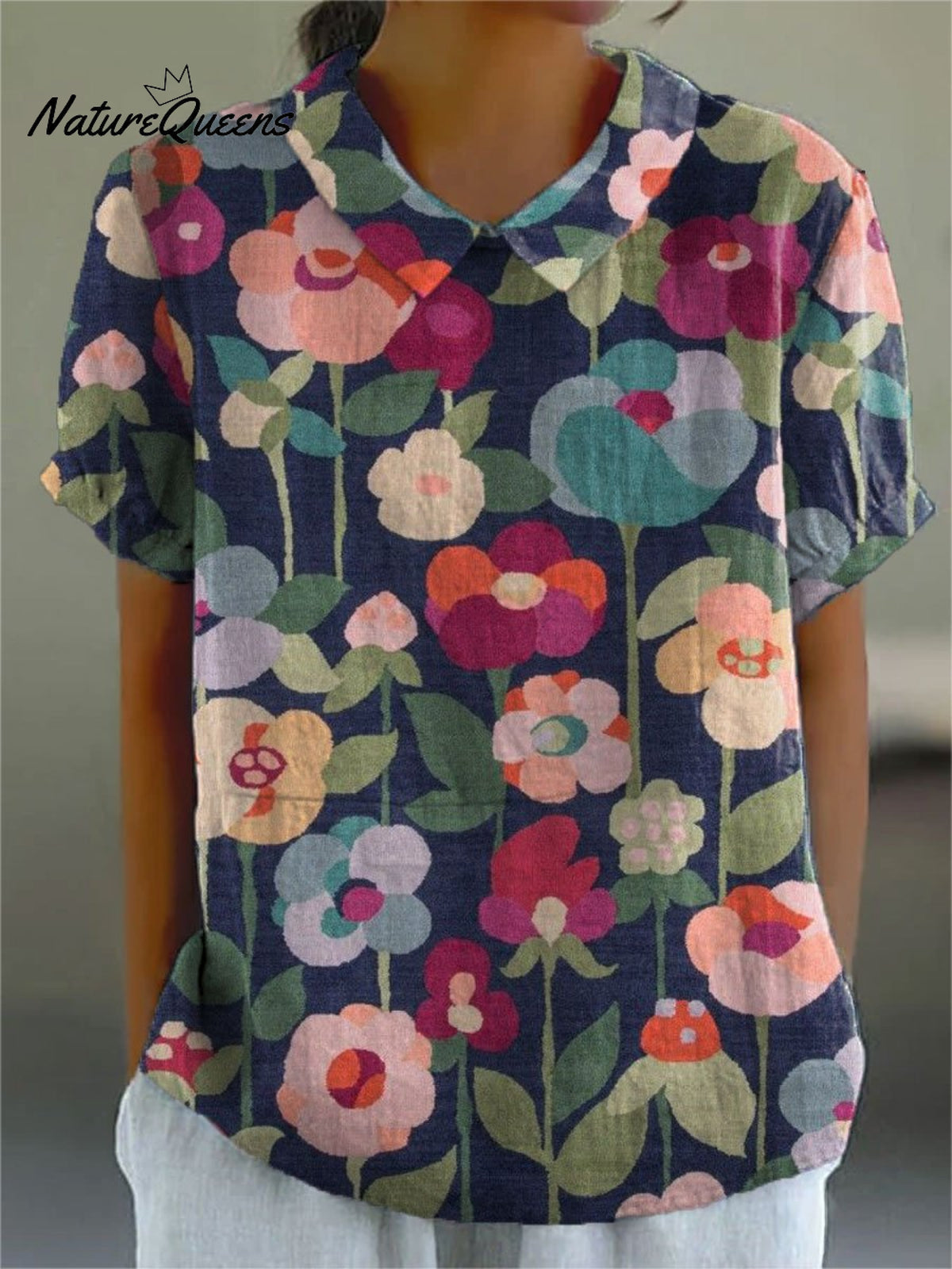 Women's Flower Print Casual Cotton And Linen Shirt