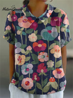 Women's Flower Print Casual Cotton And Linen Shirt