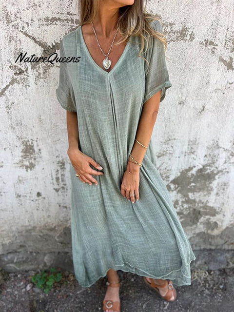 Stylish Cotton And Linen V - Neck Dress Green / Xs