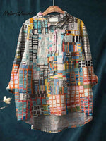 Vintage Geometric Pattern Art Print Casual Cotton And Linen Shirt