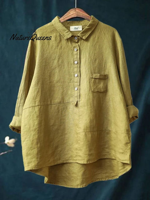 Women’s Lapel Neck Casual Solid Colour Cotton And Linen Long Sleeve Shirt Yellow / M