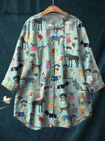 Lovely Puppy Dogs Pattern Printed Women's Casual Cotton And Linen Shirt