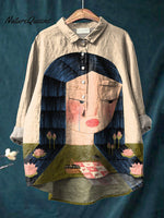 Lotus Lady Art Printed Women's Casual Cotton And Linen Shirt