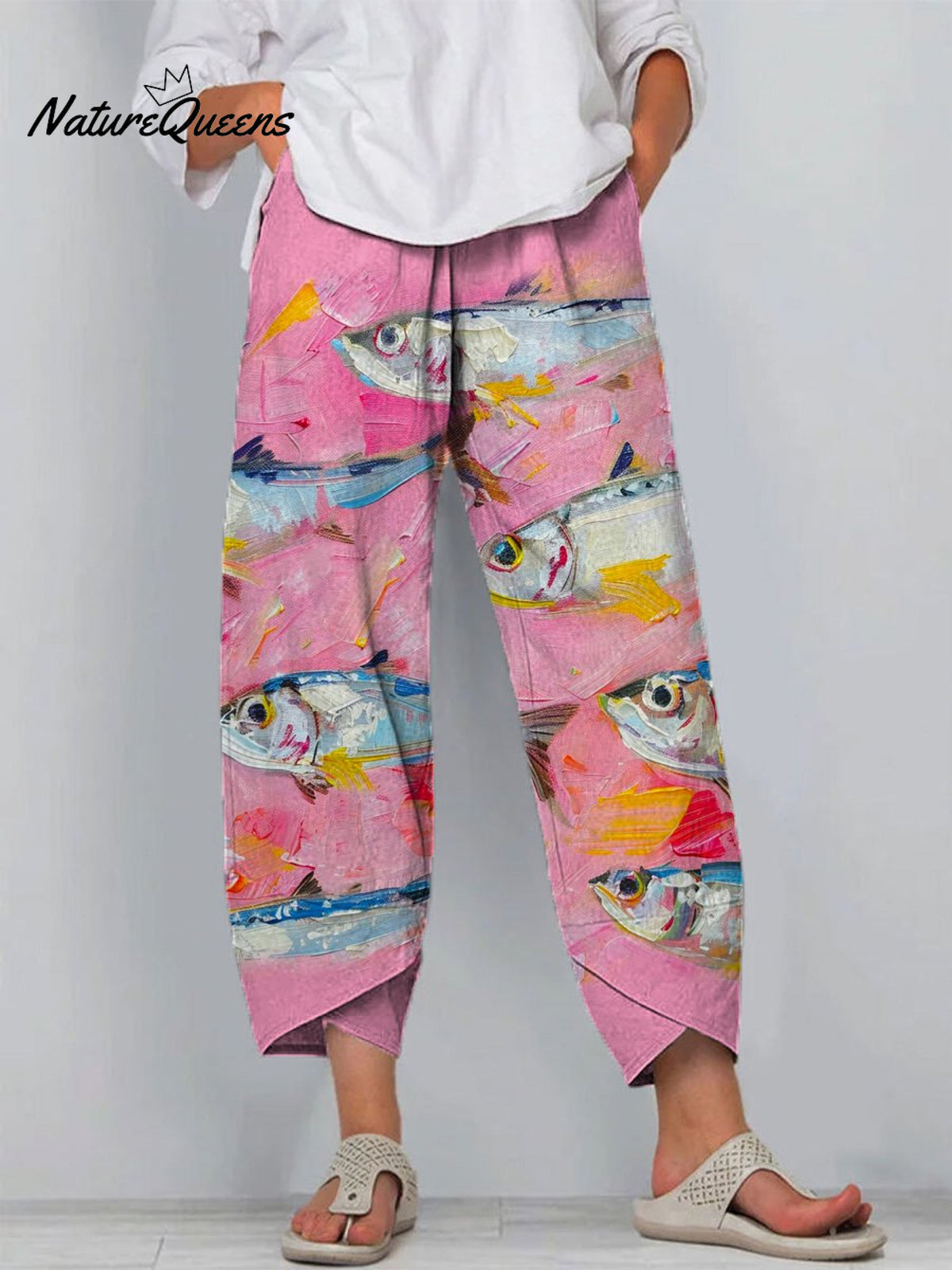 Women's Vintage Lovely Sardines Art Printed Cotton And Linen Casual Pants
