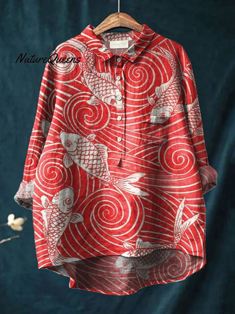 Women's Fish Art Print Casual Cotton And Linen Shirt