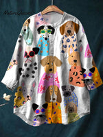 Women's Colorful Cartoon Dog Print Casual Cotton And Linen Shirt