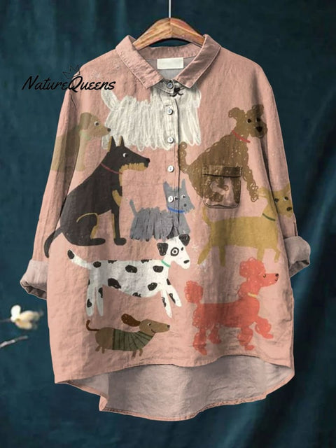 Women's Cute Dog Art Print Casual Cotton And Linen Shirt