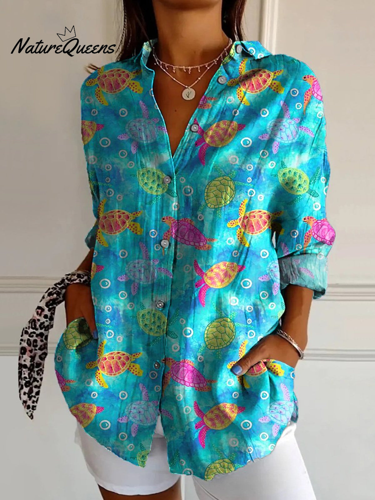 Vibrant Summer Sea Turtle Repeat Pattern Printed Women's Casual Cotton Shirt
