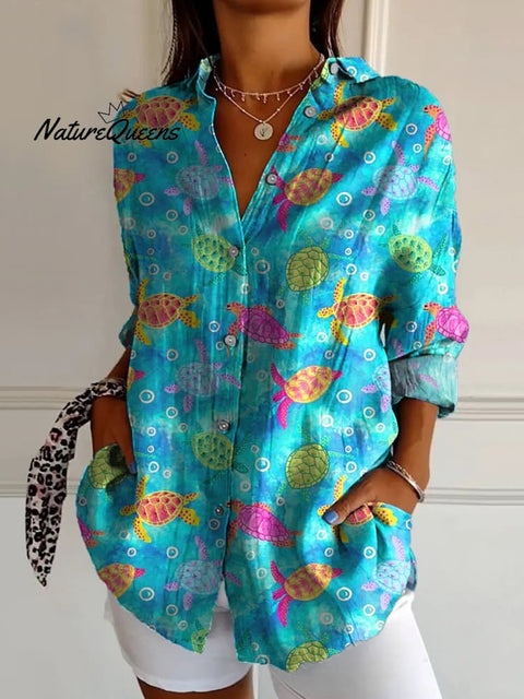 Vibrant Summer Sea Turtle Repeat Pattern Printed Women's Casual Cotton Shirt