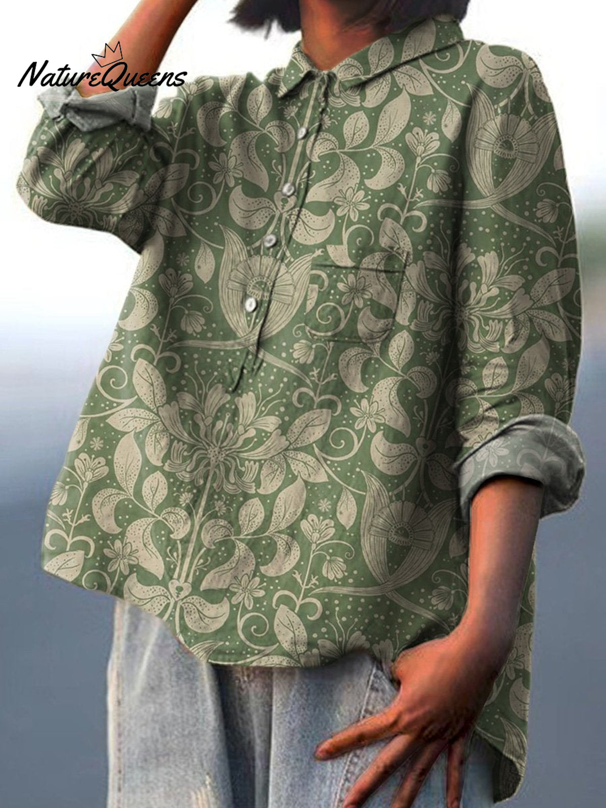 Symmetrical Botanical Floral Pattern Printed Women's Casual Cotton And Linen Shirt