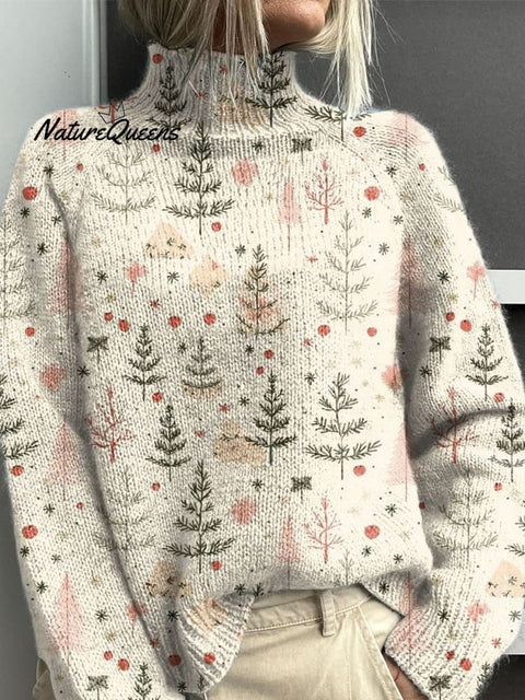 Women's Lovely Christmas Tree Art Print Knit Turtleneck Pullover Sweater