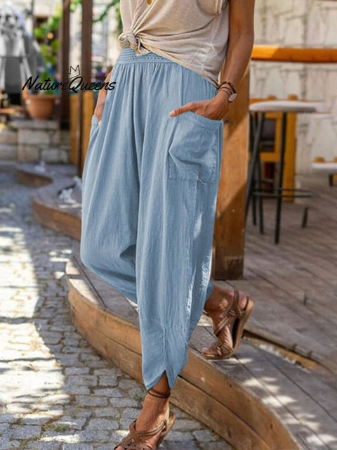 Women's Solid Color Loose Elegant Casual Simple Cotton And Linen Pants