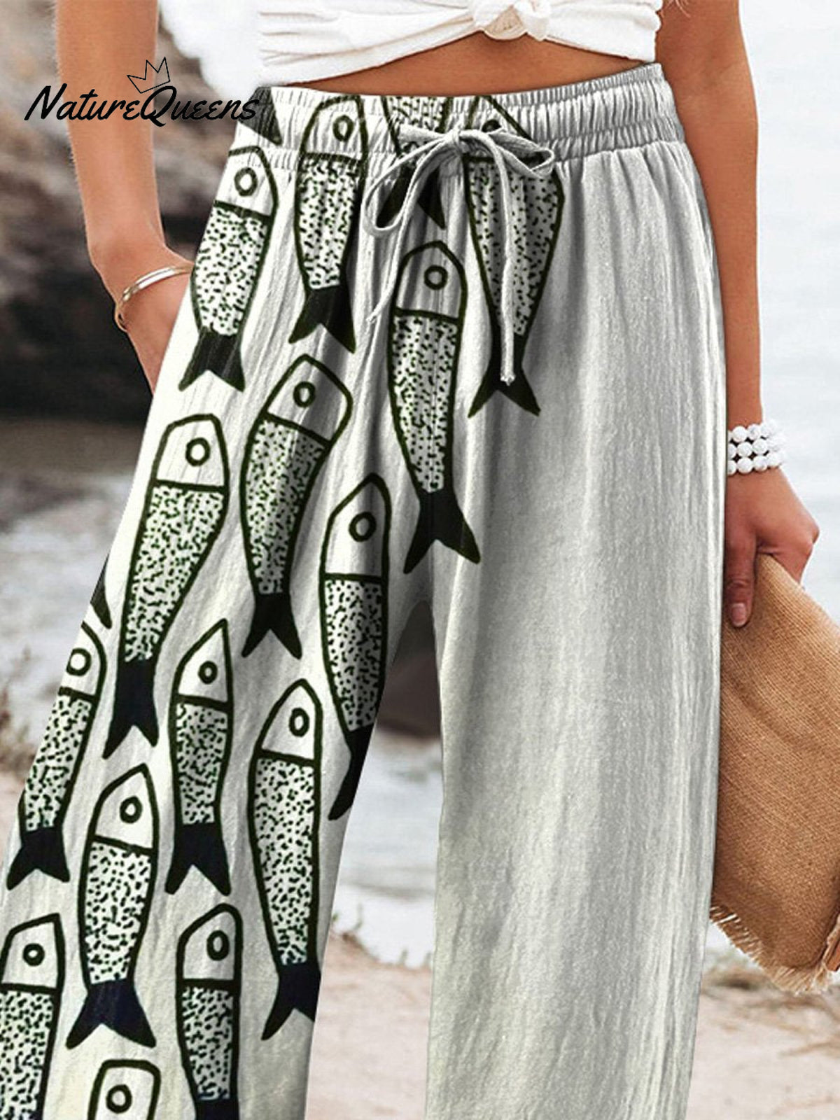 Be The Unique Fish Art Printed Women's Cotton And Linen Casual Pants