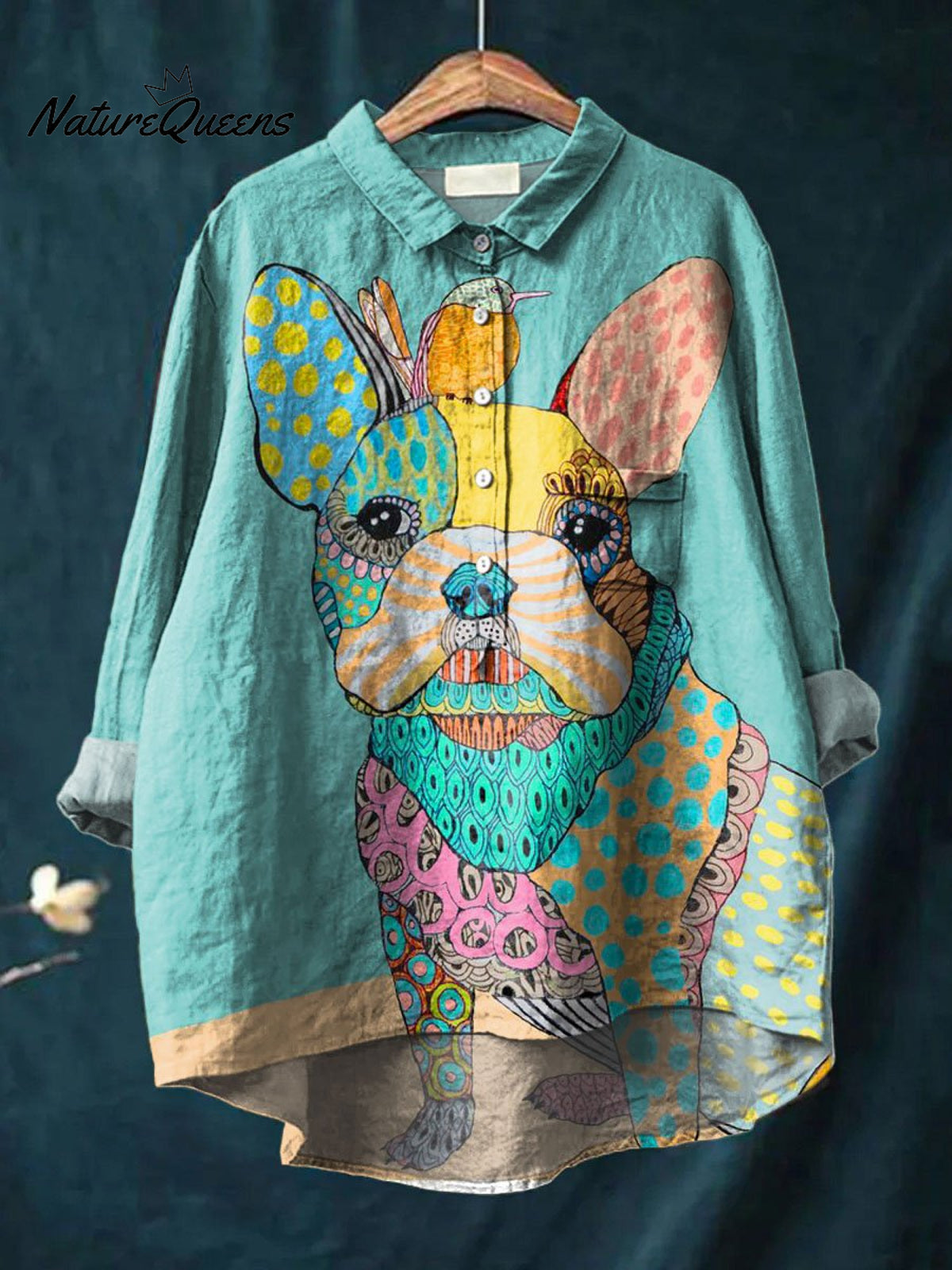 Vintage Lovely Dog Art Print Casual Cotton And Linen Shirt
