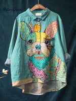Vintage Lovely Dog Art Print Casual Cotton And Linen Shirt