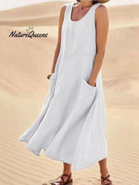 Women Sleeveless Sundress Elegant Round Neck Cotton Linen Solid Long Tank Casual Summer Dress White